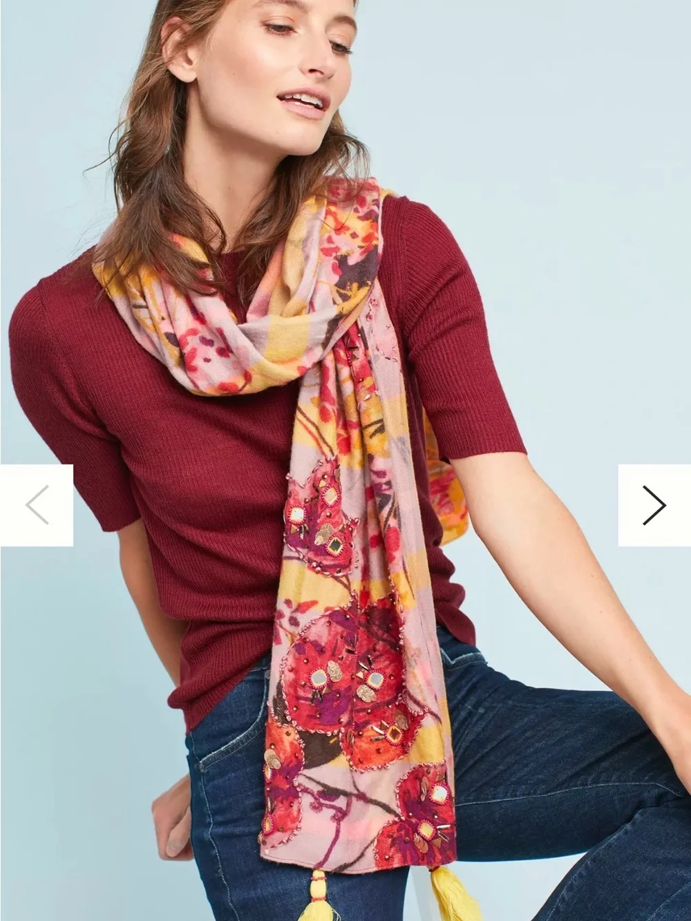 Anthropologie Sunshine Plaid Scarf Multicolor Floral Boho Embellish Tasseled